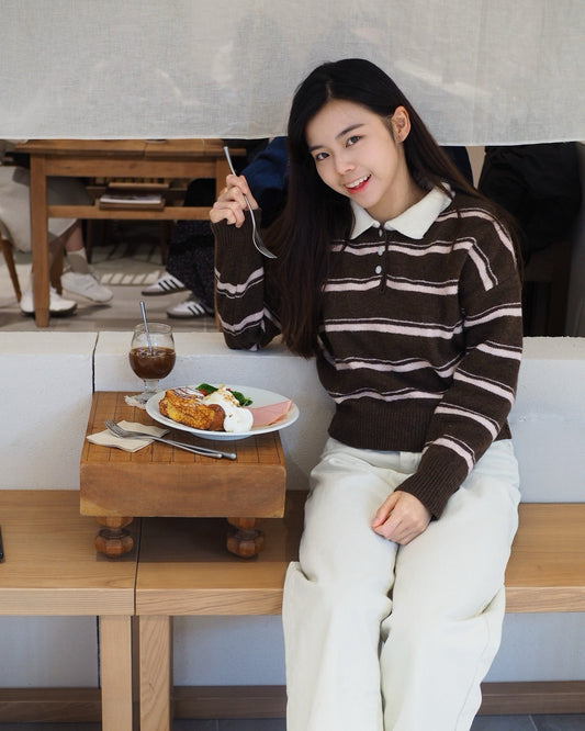 鄰家女孩風~POLO領撞色橫間上衣