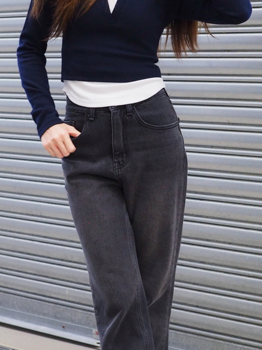 [145-160cm Fit!]小個子黑色洗水高腰直筒牛仔褲