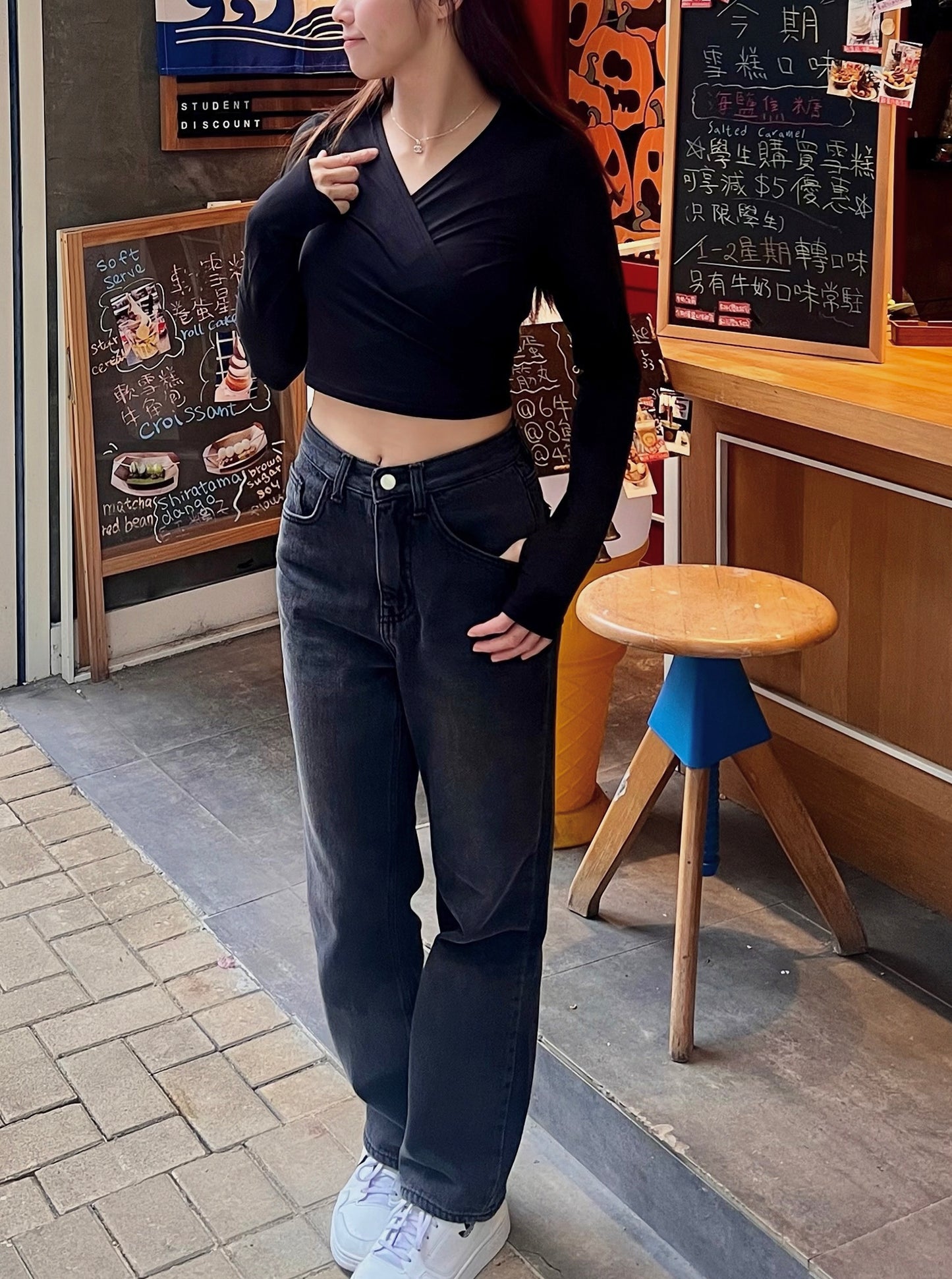 [145-160cm Fit!]小個子黑色洗水高腰直筒棉質牛仔褲