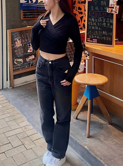 [145-160cm Fit!]小個子黑色洗水高腰直筒棉質牛仔褲