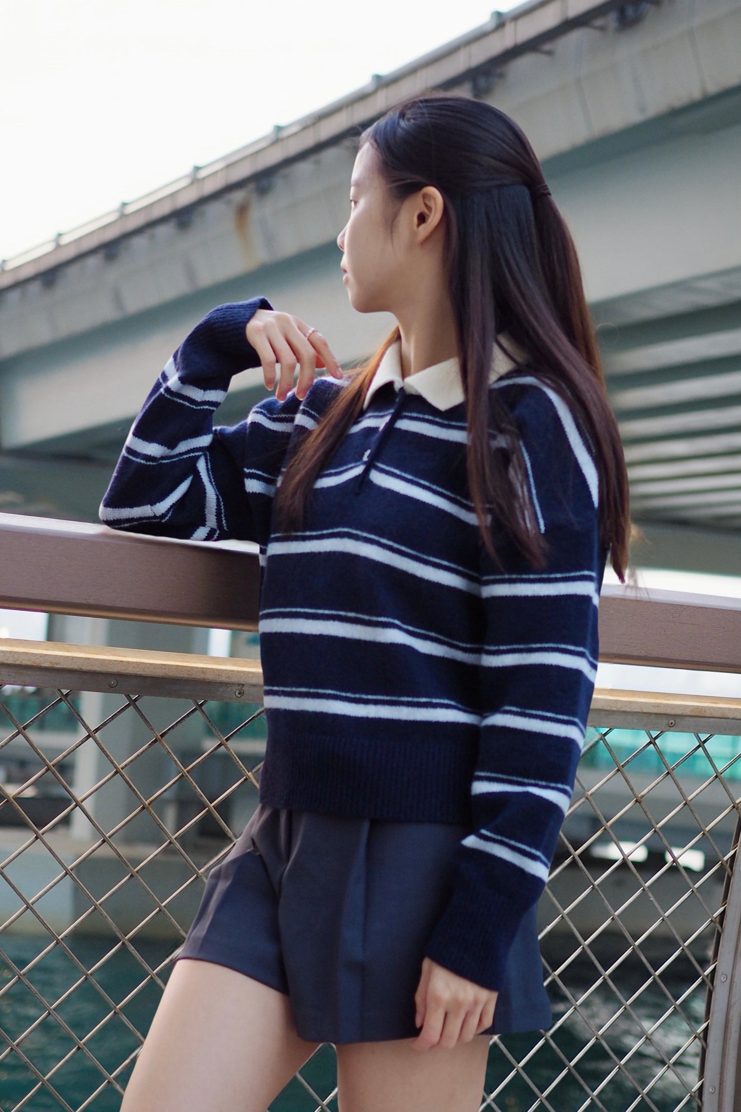 鄰家女孩風～POLO領撞色橫間上衣