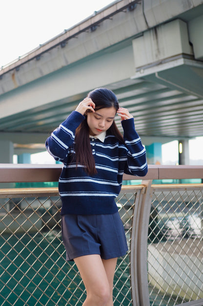 鄰家女孩風～POLO領撞色橫間上衣