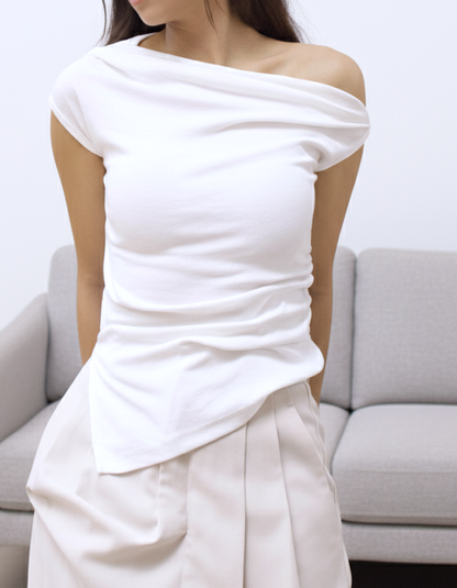 ［一件多穿］斜肩皺皺短䄂Top