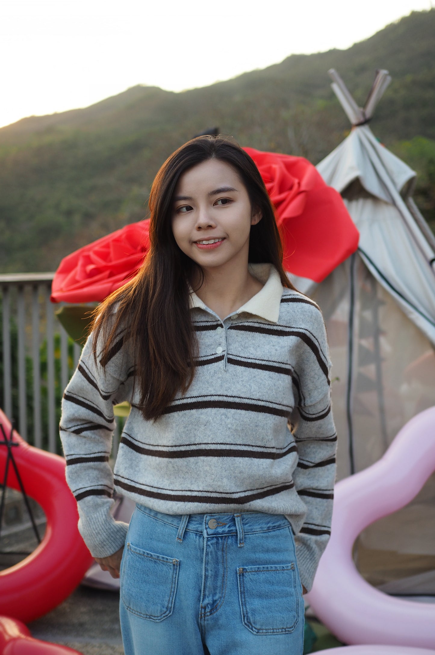 鄰家女孩風～POLO領撞色橫間上衣