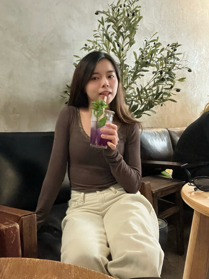 Lace下V長袖上衣